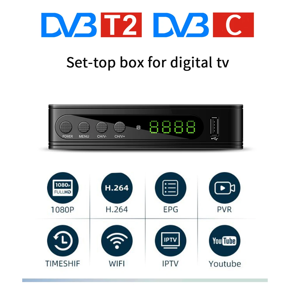 FTA DVB T2 ТВ-тюнер приставка для цифрового ТВ TDT DVB-T2 ТВ-рецептор Wifi приемник DVBT2 DVB-C-тюнер H.264 AC3 1080P IP tv PVR