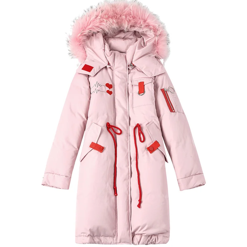 

Winter New Style Pink Thick Large Fur Collar Down Jacket Women's White Duck Down Midi Hooded Jacket Overcoat Oversize Outwear