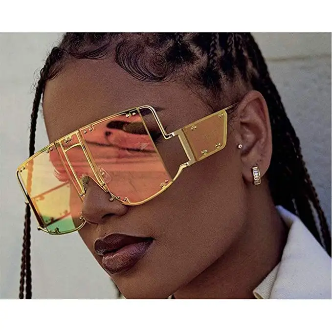 Супер футуристический негабаритный щит козырек Солнцезащитные очки плоский верх зеркальные моно линзы Модные женские металлические рамки заклепки солнцезащитные очки NX