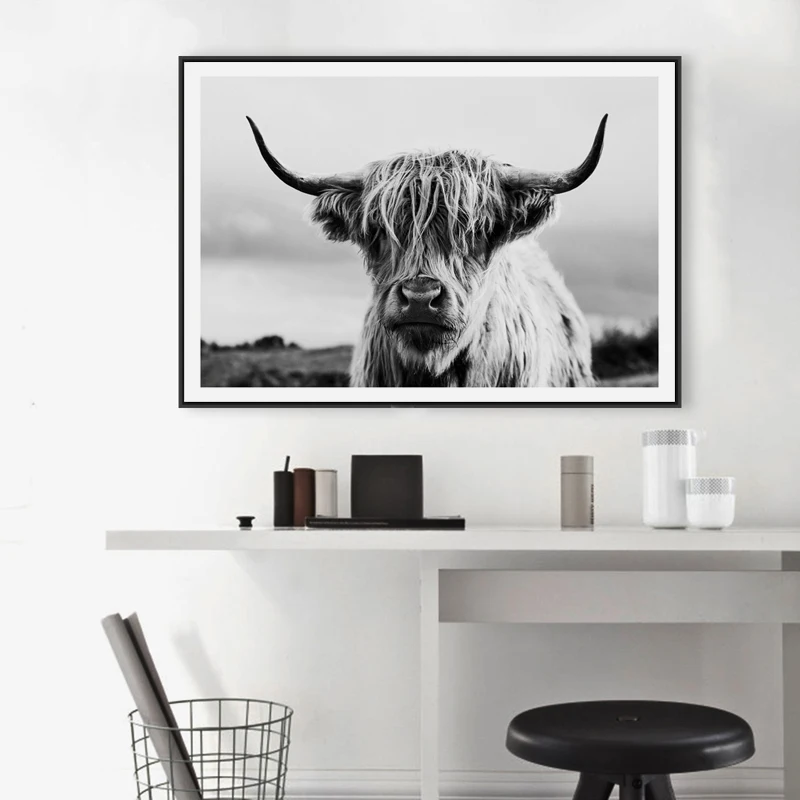 Black-and-White-Highland-Cow-Scottish-Cattle-Wall-Canvas-Art-Nordic-Painting-Poster-and-Print-Wall (1)