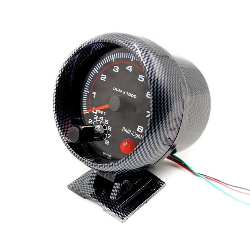 12V Car Carbon Fiber 3.75" Tachometer Tacho Gauge with 7 LED Colors Shift Light 0-8000 RPM for 12V petrol vehicles