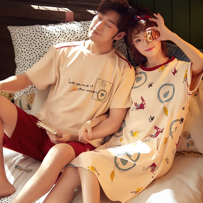 Удобные пижамы для молодых пар женские летние с короткими рукавами свободные
