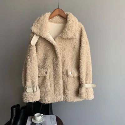 Женская куртка из овечьей шерсти,, зима, осень, Kawaii, меховая подкладка, парка, верхняя одежда, уличное толстое базовое пальто - Цвет: Бежевый