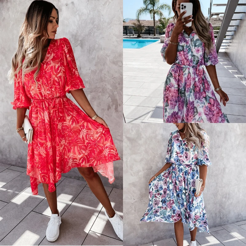 

Summer Floral Print Boho Dress Women Half Sleeve V Neck Button Pleated Dresses 2021 Party Holiday Sashes Plus Size Sundress