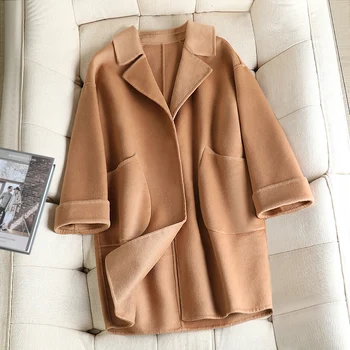 

Long Business Suit Collar Solid Color Coat 2020 Autumn Winter Warm Wool Coats Casual Loose Woman Coat With Covered Button