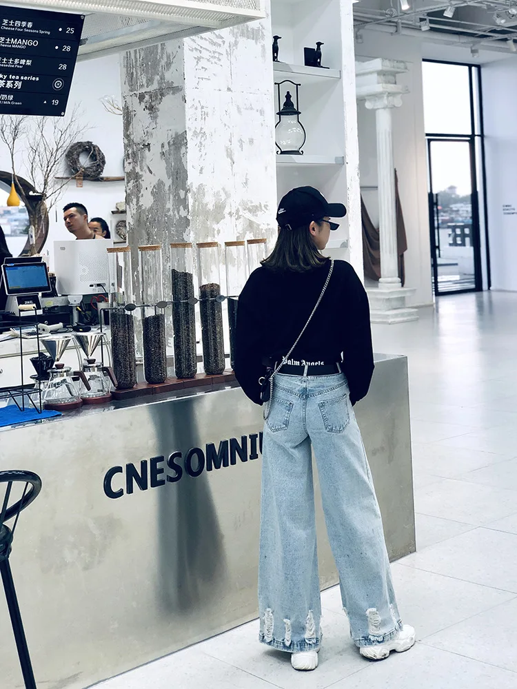 Свободные прямые мешковатые джинсовые штаны модные рваные широкие Harajuku уличная Женская высокая талия Пояс Длинные джинсы брюки комплект из двух предметов