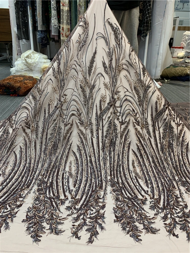 

African Lace Fabric Nigerian Luxury Heavy Sequins Beads Embroidery 2021 High Quality French Tulle Mesh Lace YF16