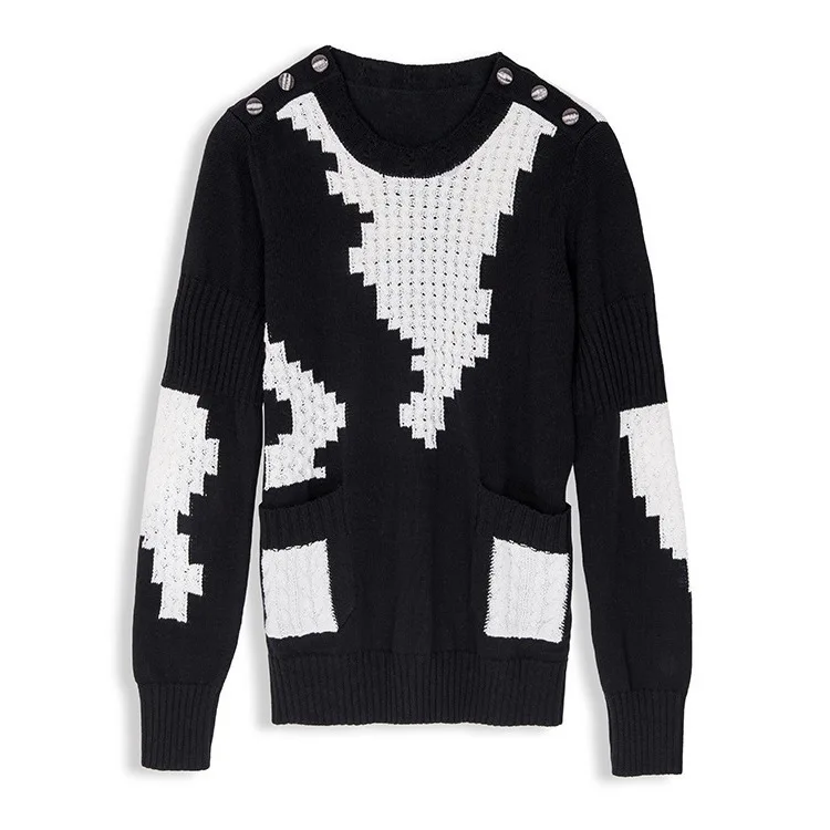 New irregular texture pixels twist lantern sleeve knit sweater female black and white | Женская одежда