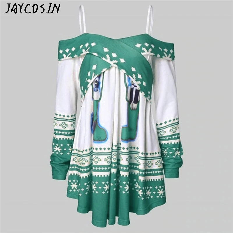 

JAYCOSIN 2019 Personality Colorful Tops Sexy Women Christmas Long Sleeve Off Shoulder Print Pullover Casual Blouse Chemisier #09