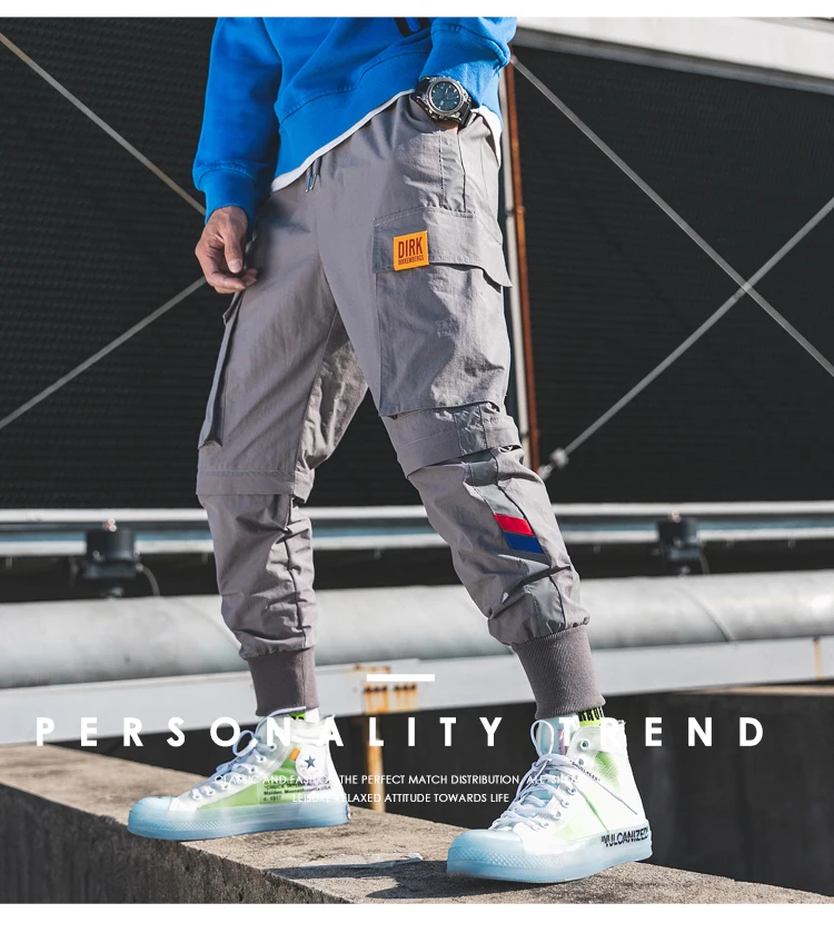 Men's Casual Pants High quality Polyester Hip Hop jogging Sweatpants Leg detachable 2 use Multi-pocket Fashion Cargo Pants A909