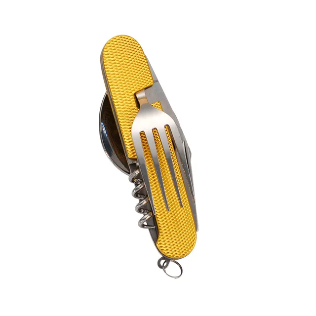 Hot sale knife and fork combination portable 6 in 1 stainless steel folding cutlery set for outdoor camping picnic travel Yellow
