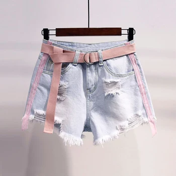 

Women Solid Color High Waist Slim Casual Pants Elastic Waist Summer Loose Hole Hot Denim Shorts