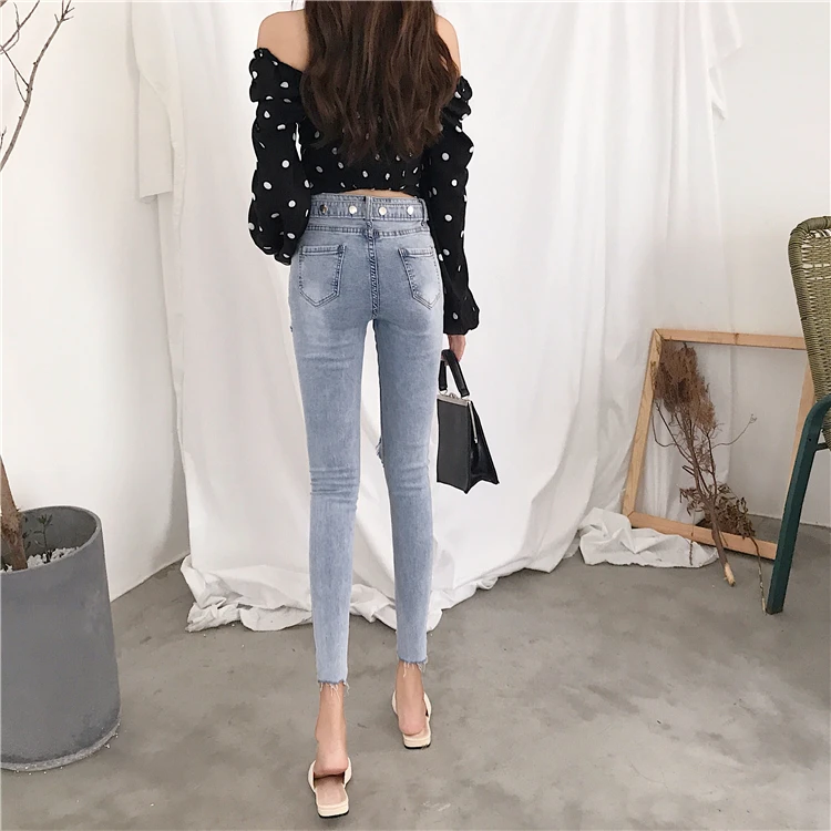 Hole-tight jeans design sense waistband nine-minute pants pencil pants women
