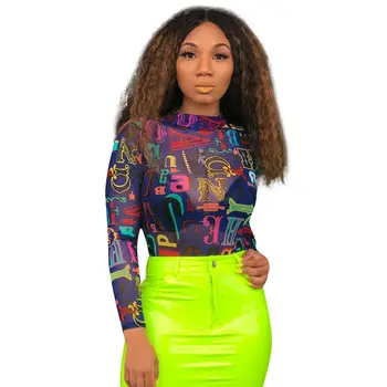 

Elegant Floral Print Mesh Sheer Bodysuit Shirt Women 2019 Newest Long Sleeve Jumpsuit Romer Summer Streetwear Vintage Loose Tops