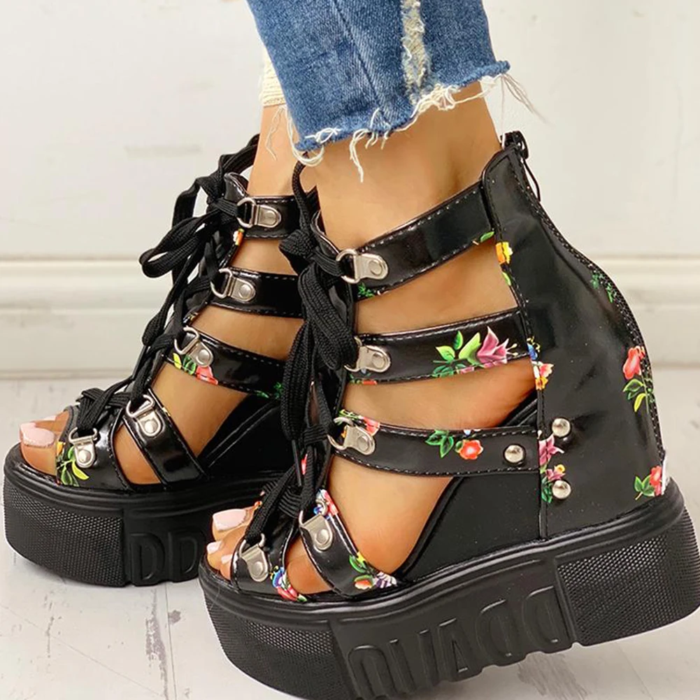 

Summer Shoes Women Sandals Platform Shoelaces High Heels Casual Shoes WomanHot Print Leisure Wedges High Heels Sandals Women