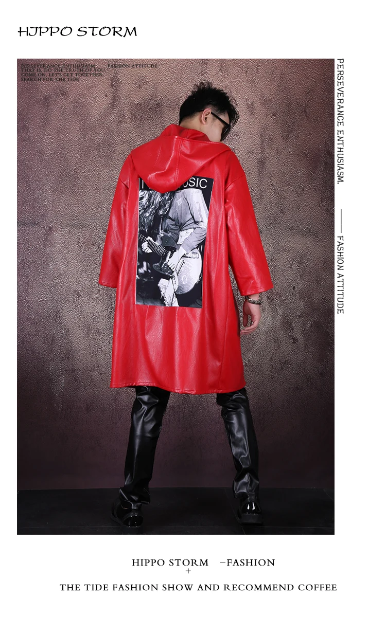 Men's Singer Concert Trench Costume Red Faux Leather Windbreaker Hooded PU Cloak Long Overcoat Tide Male Dancer Hip Hop Coat