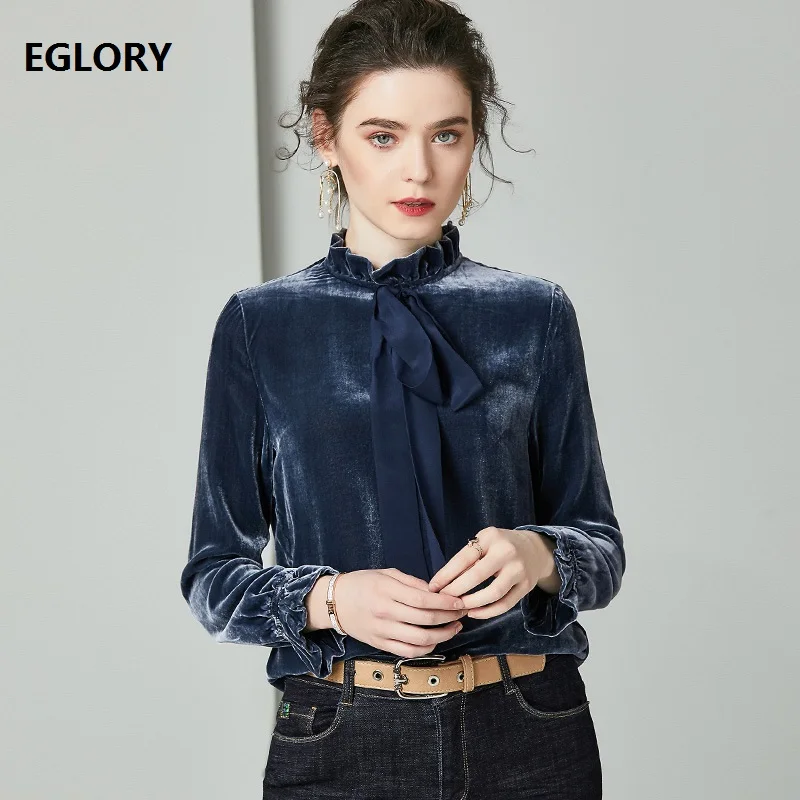 

Bow Tie Elegant Blouse Shirts 2020 Spring Tops Women High Quality Silk Velour Long Sleeve Dark Green Blue Blouses Shirt Female