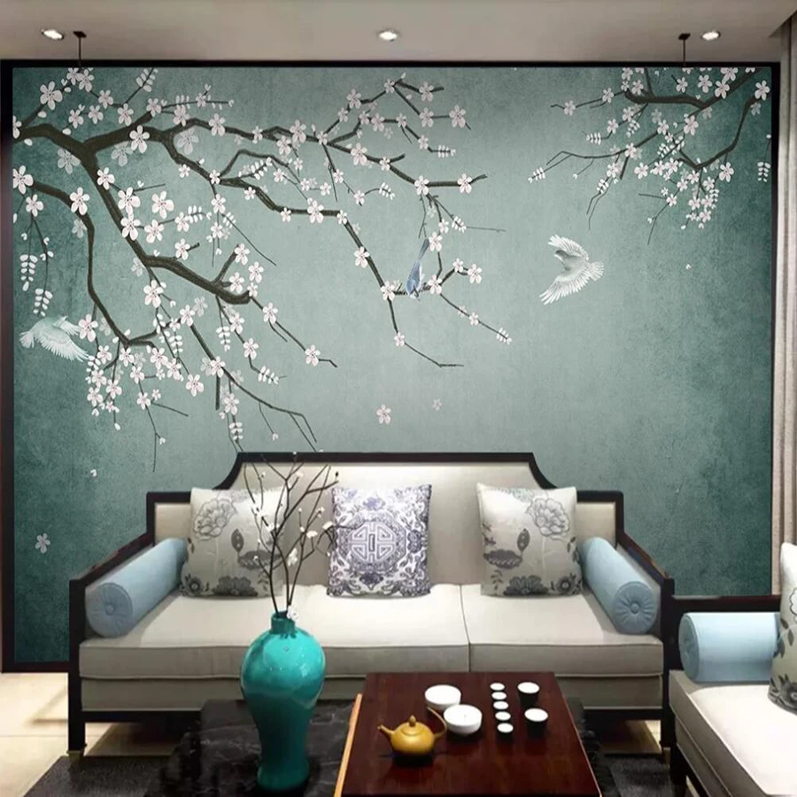 Большие 3D обои по индивидуальному заказу расписанные вручную цветы и птицы слива
