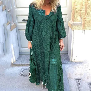 

Lace Boho Women Maxi Dresses Hollow Out Lantern Sleeve Long Dress Female 2020 Spring Summer Korean Vestidos Lady Plus Size 5XL