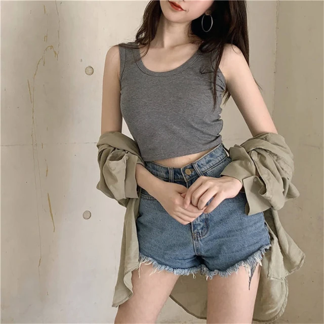 White Knitted Round Neck Women T-shirt Sexy Sleeveless Camisole Crop Top  Woman Tight Stretch Tank Top Ladies Tee Top Streetwear - Tanks & Camis -  AliExpress