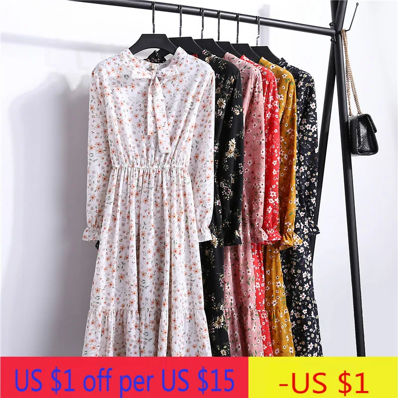 

Flower Print Long Sleeve Bow High Waist Shirt Dress 2020 Women Casual Spring Elegant Dress Vintage Summer Midi Dress Vestidos