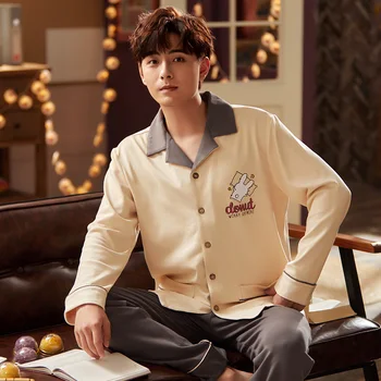 

Men Cotton Warm Cardigan Pajama Set Long Sleeve Fashion Trend Autumn Winter Daily Leisure Loose Sleepwear Nightgown