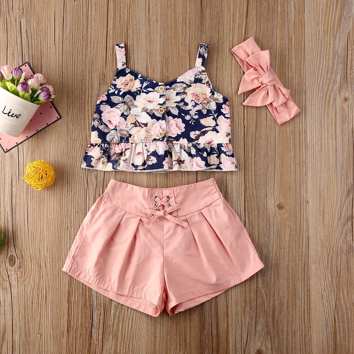 

2020 Sweet Baby Girl Summer Clothing 3pcs Suit Floral Printed Sleeveless Crop Top Vest+Pink Shorts + Headscarf 0-4Y Kids Outfits
