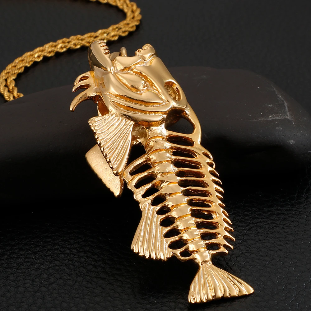 Gold Fish Bone Skeleton Charm Pendant Jewelry