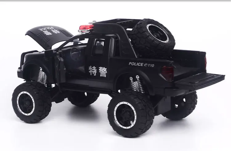 1:32 high simulation Ford F150 big wheel off-road police car alloy sound and light pull back car model for children gifts