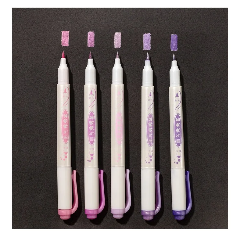 5pcs 금속 컬러 아트 마커 펜 세트 듀얼 사이드 라운드 팁 브러시 서예 레터링 드로잉 그림 저널 학교 A6241