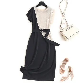 

Fashion Newest Womens Designer Dresses Sequined Formal Patchwork Butterfly Sleeve Mid-Calf O-Neck Vestidos Largos De Verano