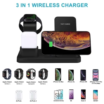 

3 In 1 Qi Fast Wireless Charger Charging Station Compatible With Apple Watch Series 5/4/3/2/1 & AirPods Wireless Charger Stand
