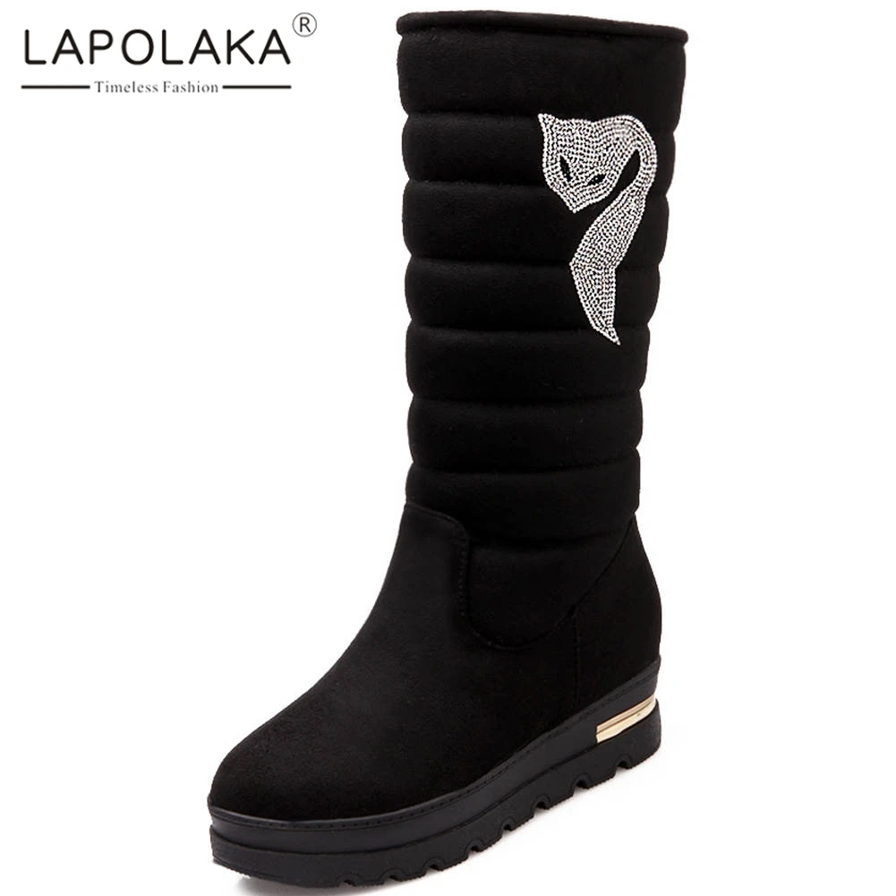 Lapolaka/Новинка г.; Лидер продаж; модные сапоги до середины икры на каблуке, увеличивающие рост; женская обувь; женские теплые зимние сапоги на платформе без застежки