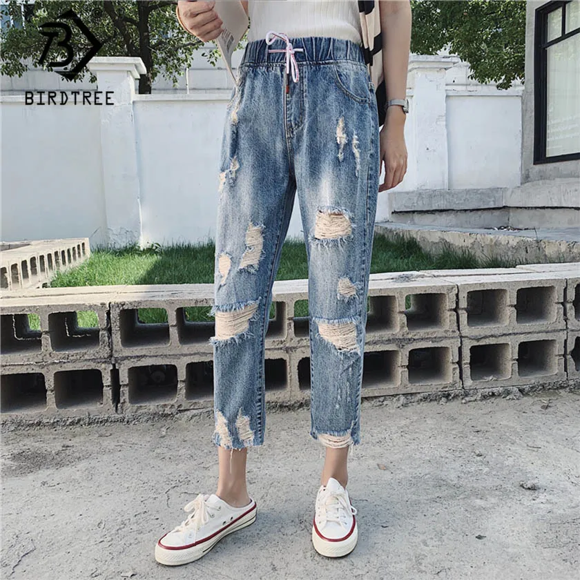 Женские винтажные джинсы с высокой талией синие потертые напуском брюки