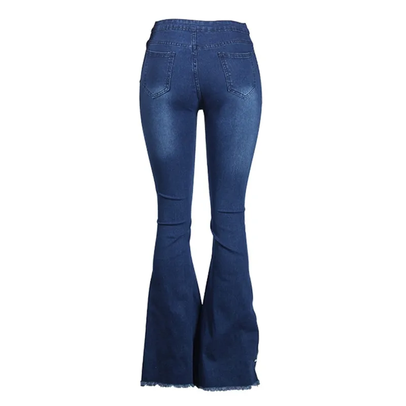 Темно-синие джинсы, женские джинсы с высокой талией, джинсы-бойфренды с пуговицами, штаны с кисточками на молнии, джинсовые брюки с дырками и карманами, брюки-клеш E16