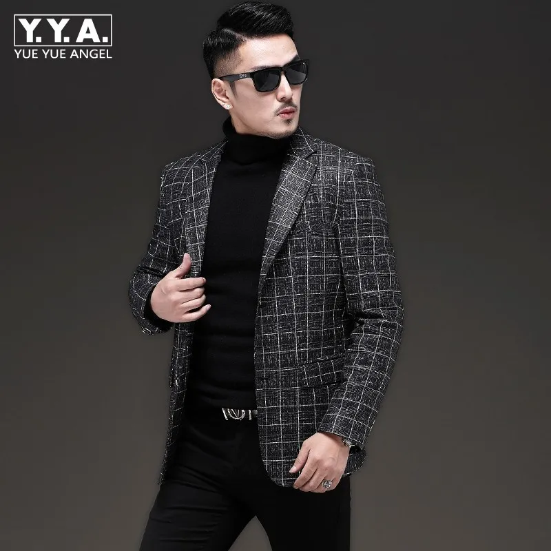 

New Men Genuine Leather Short Coat Autumn Luxury Business Casual Blazer Oversize Long Sleeve Slim Plaid Suit Jacket Outwear