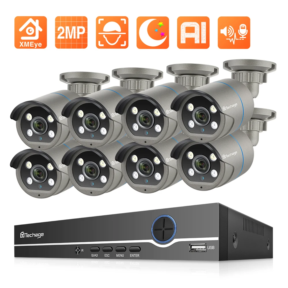 Techage 8CH POE NVR комплект 1080P CCTV камера система двухсторонняя аудио 2MP наружная