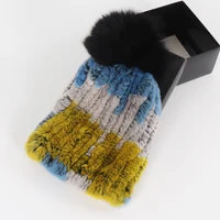 Women Striped Knitted Real Fur Hat Natural Warm Rex Rabbit Fur Hats Top Fox Fur Pompom Caps Lady Quality Real Rex Rabbit Fur Cap 2