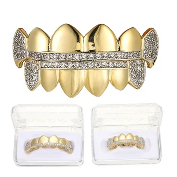 

Hip Hop Top & Bottom Teeth Grillz Set for Men CZ Stone Bling Ice Out Rapper Jewelry vampire Fang Dental Mouth Caps Cosplay Party