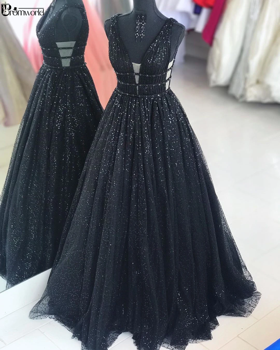

Bling Bing V-Neck Black Evening Dress 2019 A-Line Sequin Beaded Formal Evening Gowns Real Pictures Party Prom Dresses Long