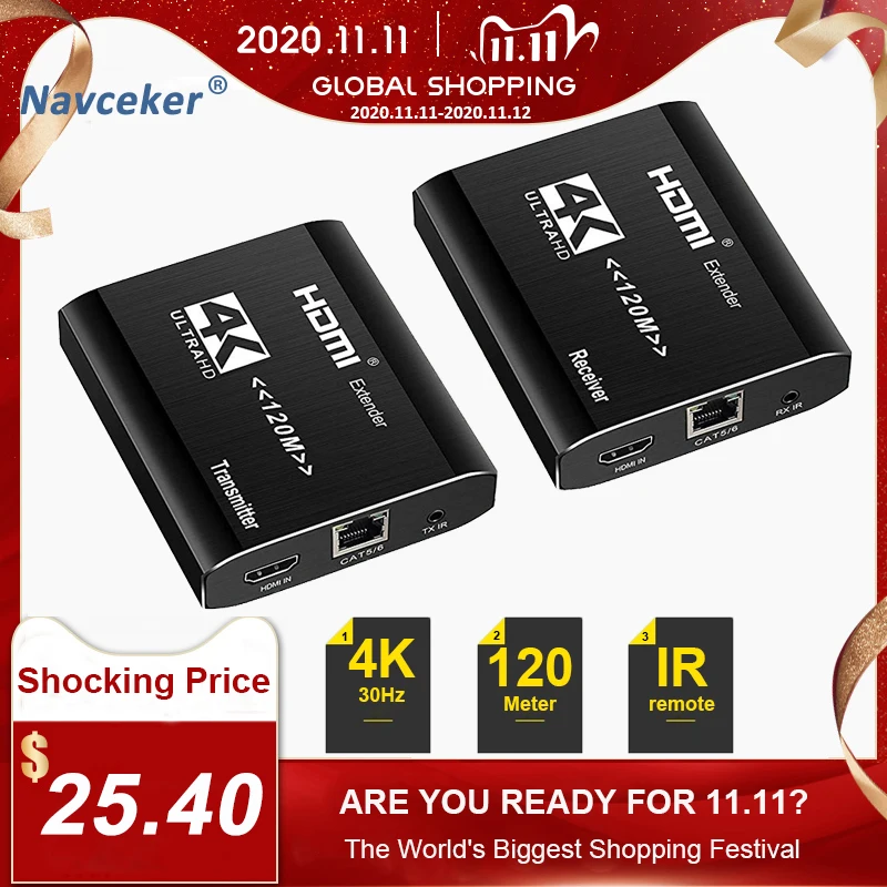 

2020 Best 4K HDMI Extender Transmitter Receiver Over Cat5e/Cat6 RJ45 Ports HDMI Extender Loop 120m HDMI Extender IR For PS4 HDTV