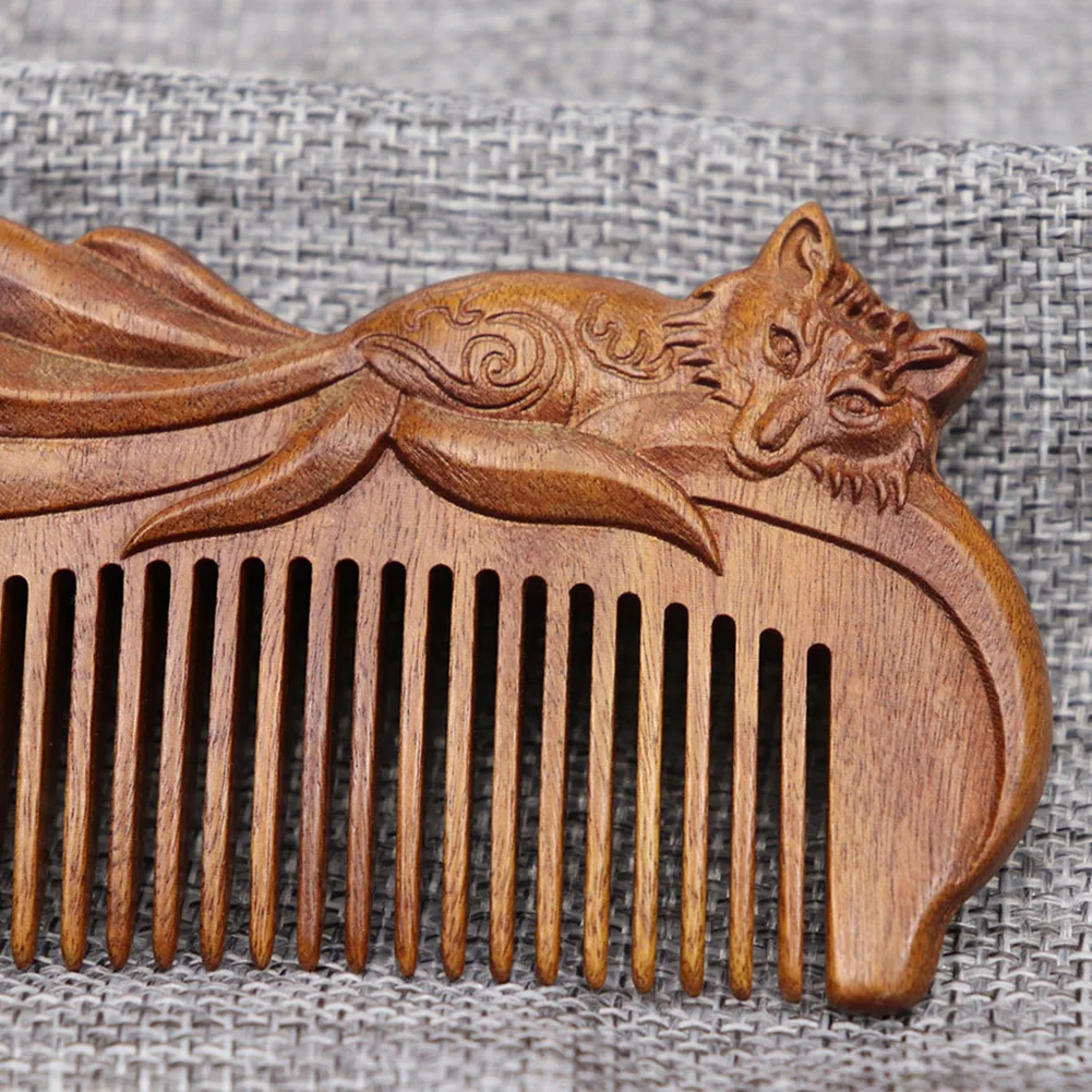 Ручной резной зеленый сандалового дерева гребень для волос Fox Лебедь массажные расчески Винтаж волос кисть, устройства для стилизации Анти-статический подарок