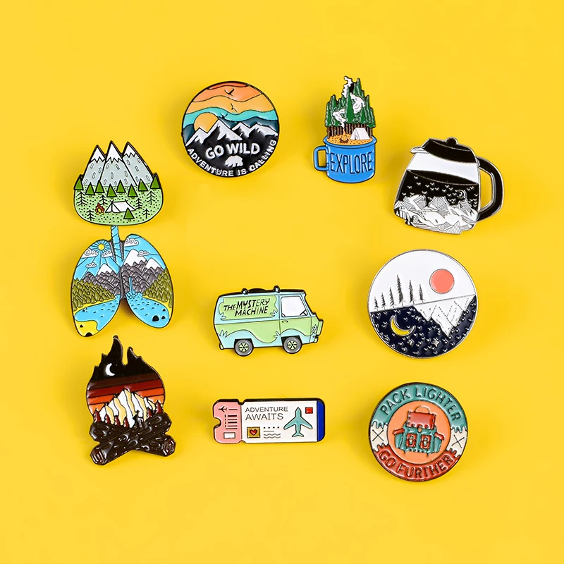 Go Travel ! Adventure Pin Mountain Forest Lakes Earth Explore Nature Bus Enamel Pin Button Badge Brooch Women Men Outdoorsy Gift