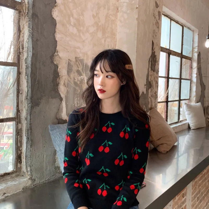 Women Cherry Vintage Pullover Sweater Female Knitted Jumper Autumn Oversize Casual Ladies overalls Women Cherry Vintage Pullover Sweater Female Knitted Jumper Autumn Oversize Casual Ladies overalls
