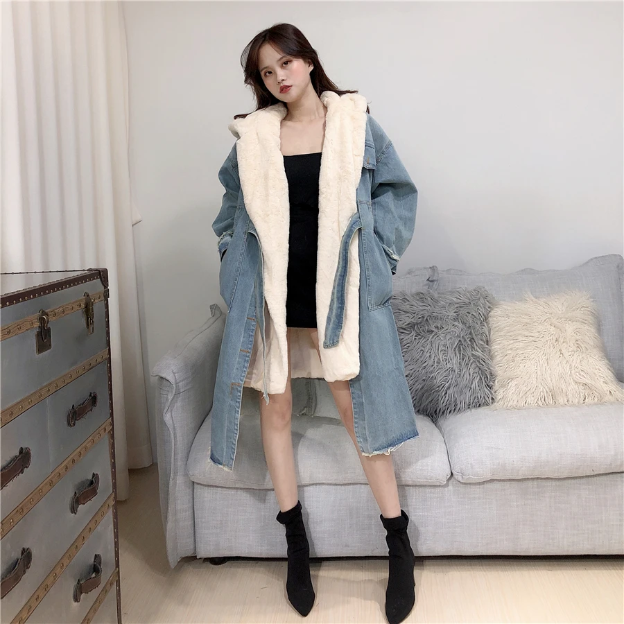 WHITNEY WANG Autumn Winter Fashion Streetwear Detachable Leopard Hooded Liner Patchwork Denim Trench Coat Women Jeans Coat