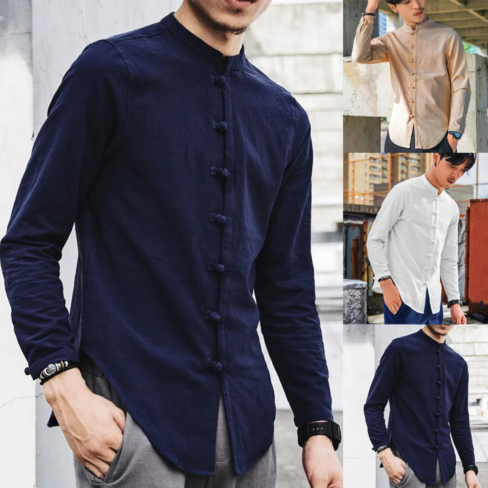 Мужская винтажная Однотонная рубашка в китайском стиле, повседневная льняная рубашка с дисковой пряжкой и длинным рукавом размера плюс, хлопковые топы в этническом стиле 5XL# Y3