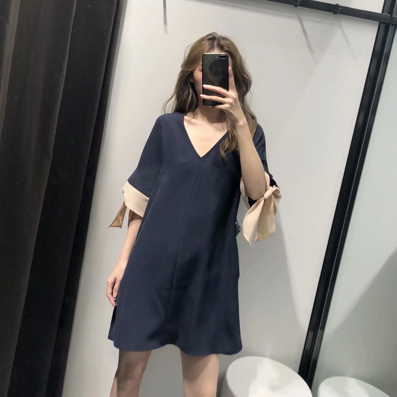 

2019 Spring New Style WOMEN'S Dress European And American Style Elegant V-neck Loose-Fit Slimming Bow-Accent Short-sleeve Dress