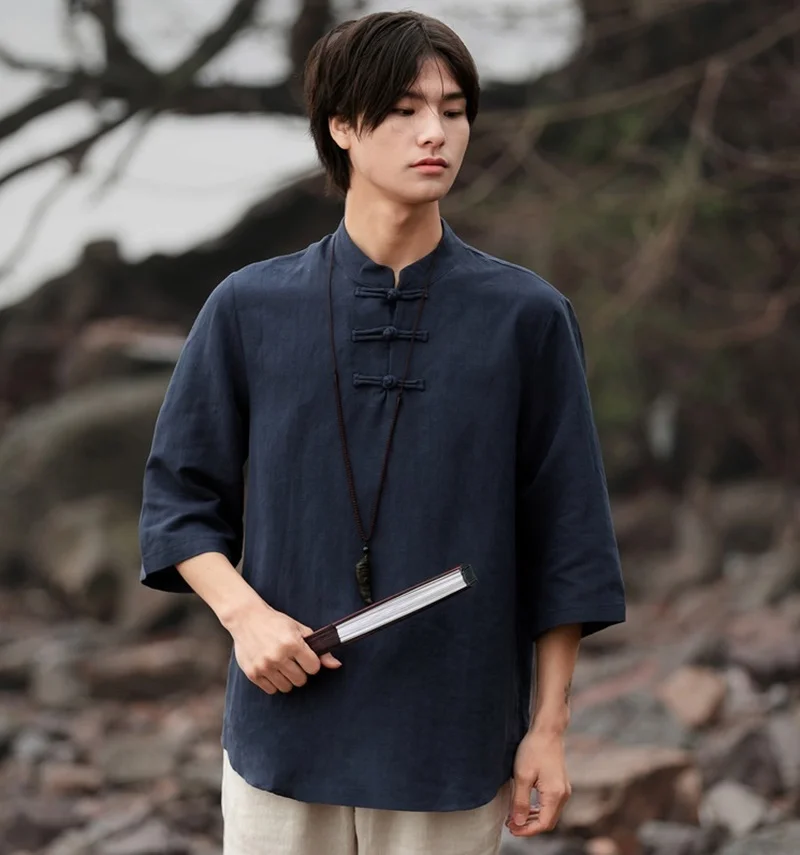 Chinese Style Zen Tea Tee Shirt Retro Cotton Linen Top Solid Color Linen T Shirts For Men Clothing Harajuku Linen T Shirt KK3797