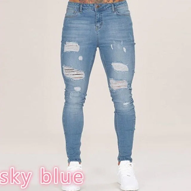 2021 New Men's Slim White Jeans Fashion Ripped Holes Skinny Destroyed Denim Pants Male Streetwear High quality Joggers Jeans Light blue