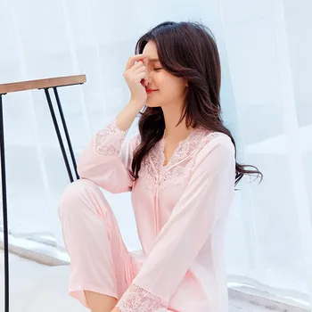 

Pajamas women's sexy spring and autumn casual v-neck lace thin silk simple fashion long-sleeved trousers home pajamas set